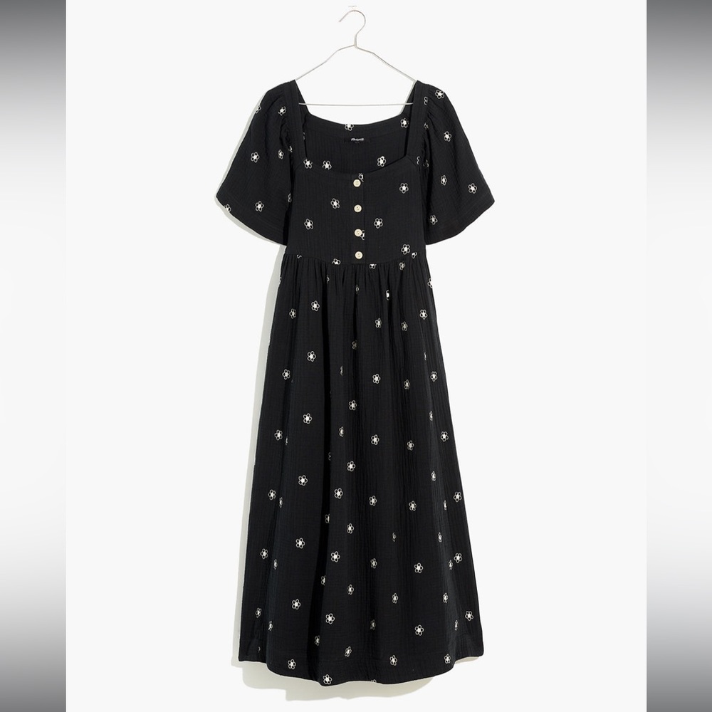 Madewell Daisy Embroidered Lightspun Square-Neck Midi Dress (Size Small)